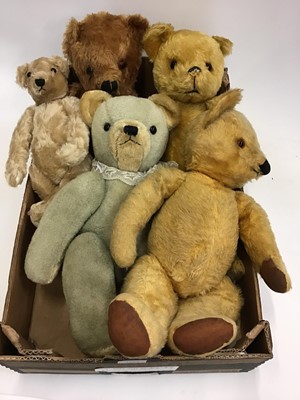 Lot 1409 - Group of Teddy Bears, all mohair plush including one blue and white bear 1950's -60's period plus one smaller modern bear.