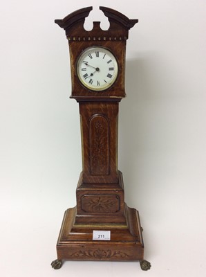 Lot 211 - Edwardian miniature longcase clock in mahogany case with brass lion paw feet, with white enamel dial and brass barrel movement, 52cm high overall