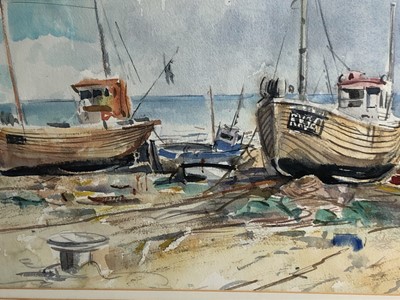 Lot 256 - Peter Partington, contemporary, watercolour - Fishing Boats, Hastings, signed, in glazed gilt frame, 26cm x 54cm
