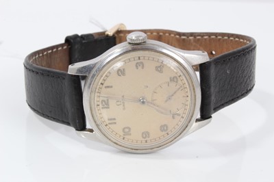 Lot 140 - 1950s Gentleman's Omega wristwatch in stainless steel case with silvered dial , luminous Arabic numerals with subsidiary seconds on leather strap, the case 37mm.