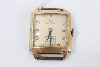Lot 141 - 1940s Gentleman's Omega square wristwatch in 14 k gold plated case with cream dial and subsidiary seconds , the case 25mm