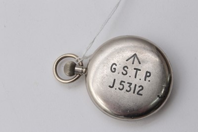 Lot 144 - Second World War military pocket watch by Grana with luminous hands and numerals , the rear of the case with broad arrow mark and ' G.S.T.P. J5312', the case 54mm