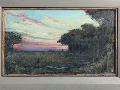 Lot 267 - Peter Partington, contemporary, oil on board - Lavenham Church from Brent Eleigh, 15m x 26.5cm, together with another, Sunrise over the Orwell Estuary, 14.5cm x 19.5cm, both signed and framed (2)