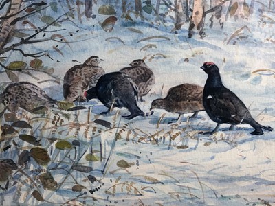 Lot 268 - Peter Partington, contemporary, watercolour - Black Grouse in Winter, signed, in glazed gilt frame, 19cm x 53cm