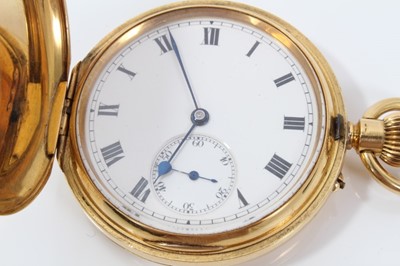 Lot 146 - 1920s Gentleman's 18ct gold Hunter pocket watch with stem wind three quarter plate movement , the 50 mm case hallmarked for Birmingham 1923. Weighs 119 grams gross