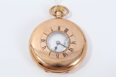 Lot 147 - Gentlemans 9ct gold Omega half Hunter pocket watch with subsidiary seconds , signed dial and stem wind movement - the case 50mm , weighs 94 grams gross