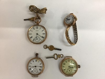 Lot 148 - American Waltham yellow metal fob watch marked 10k with key wind movement , 9ct gold fob watch and two 9ct gold wristwatches (4)
