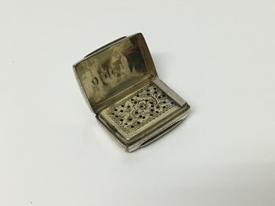 Lot 302 - Victorian silver vinaigrette of typical form with pierced cover and gilded interior, by Edward Smith, (Birmingham 1853), 2.7mm x 1.7mm