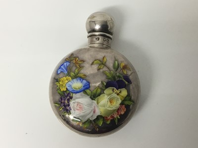 Lot 303 - Fine quality Victorian silver and enamel scent flask of circular form, finely enamelled profusion of summer flowers and foliage, by Sampson Mordan, (London 1888), 7cm high x 5cm diameter