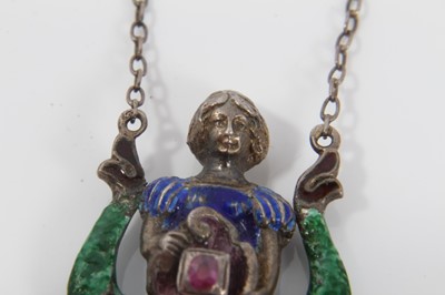 Lot 137 - 19th century Austro Hungarian Renaissancerevival silver enamel and and gem-sent pendant necklace with female bust holding a ruby and suspending a baroque cultured pearl.
