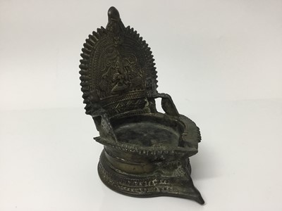 Lot 309 - Antique Sino Tibetan bronze vessel in the form of a throne, possibly an oil lamp, 13cm high x 9cm wide