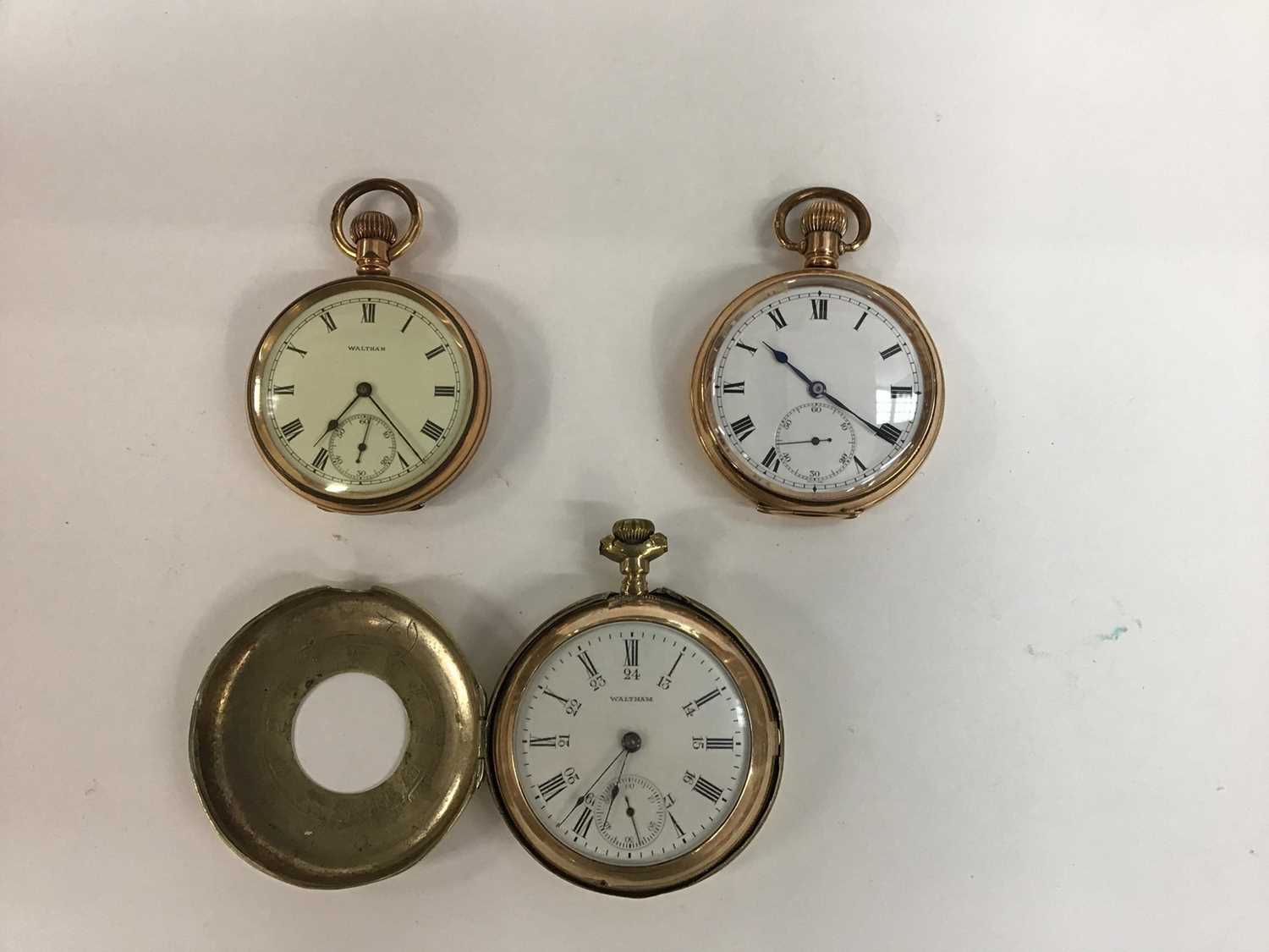 Lot 155 - Two Waltham open face pocket watches in gold plated cases and another gold plated open face pocket watch (3)