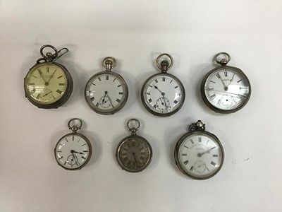 Lot 153 - Seven late Victorian silver open face pocket watches including five with key wind movements