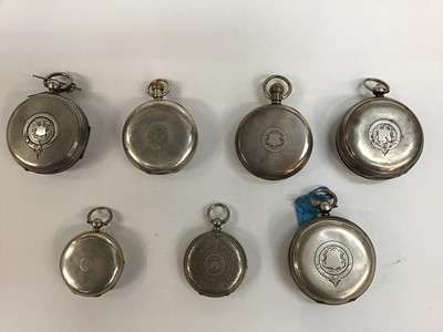 Lot 153 - Seven late Victorian silver open face pocket watches including five with key wind movements