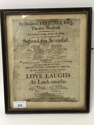 Lot 325 - Of local interest - a rare early 19th century printed poster, 'By Desire of J. Pytches, Esq. Theatre, Boxford...March 18. 1808...School for Scandal...Tickets to be had of Mr Laverock, at the Fleece...