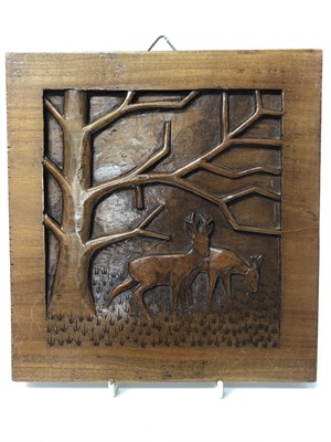 Lot 150 - Max Maier, 20th century German School, carved wooden panel depicting deer in woodland, inscribed verso, 25cm x 23cm