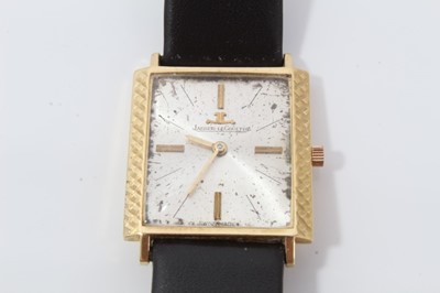Lot 176 - 1960s Gentleman's Jaeger leCoultre 18ct gold wristwatch in square case with silvered dial on leather strap
