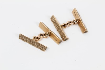 Lot 235 - Pair heavy 1970s 9ct gold bark effect bar cufflinks - 11.9 grams, plated tie bar and stickpin (4)