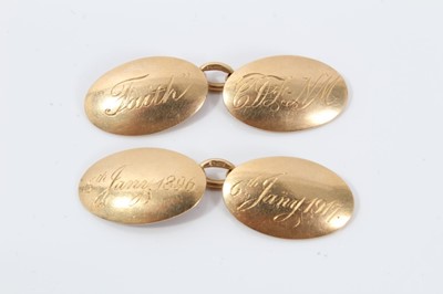 Lot 213 - Pair of George V 18ct gold cuff links, oval, engraved with initials and dates 
9.6g
