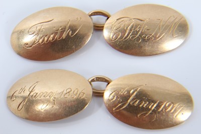 Lot 213 - Pair of George V 18ct gold cuff links, oval, engraved with initials and dates 
9.6g