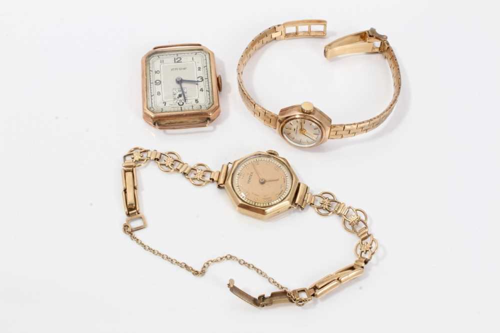 Lot 216 - Three 9ct gold watches, the first by Jacquet Droz, with circular dial bracket strap, watch movement by Eros lacking strap and  vintage lady's watch by Vertex 
 Combined total weight 47g