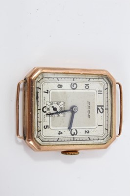 Lot 216 - Three 9ct gold watches, the first by Jacquet Droz, with circular dial bracket strap, watch movement by Eros lacking strap and  vintage lady's watch by Vertex 
 Combined total weight 47g