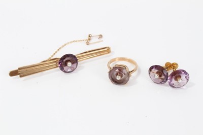 Lot 217 - Suite of 9ct gold jewellery,comprising pair of earrings, ring and bar brooch, each with amethyst and pearl style ornament 
the ring unmarked, total weight 16g
