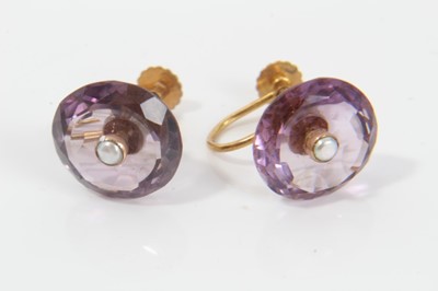 Lot 217 - Suite of 9ct gold jewellery,comprising pair of earrings, ring and bar brooch, each with amethyst and pearl style ornament 
the ring unmarked, total weight 16g