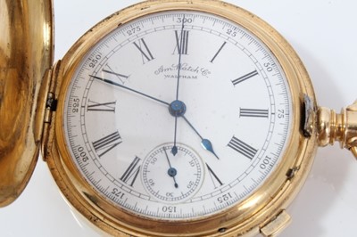 Lot 222 - Gentleman's 18ct gold Waltham Hunter chronometer pocket watch with white enamel dial , signed movement and dial, the case 50 mm, 117.6 grams gross