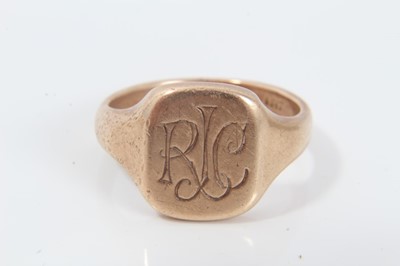 Lot 220 - 9ct gold signet ring, engraved with initials RJC, together with two further 9ct rings 
13.8g