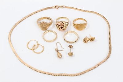 Lot 233 - 18ct gold signet ring, 9ct gold bracelet, four 9ct gold rings, and gold earrings
