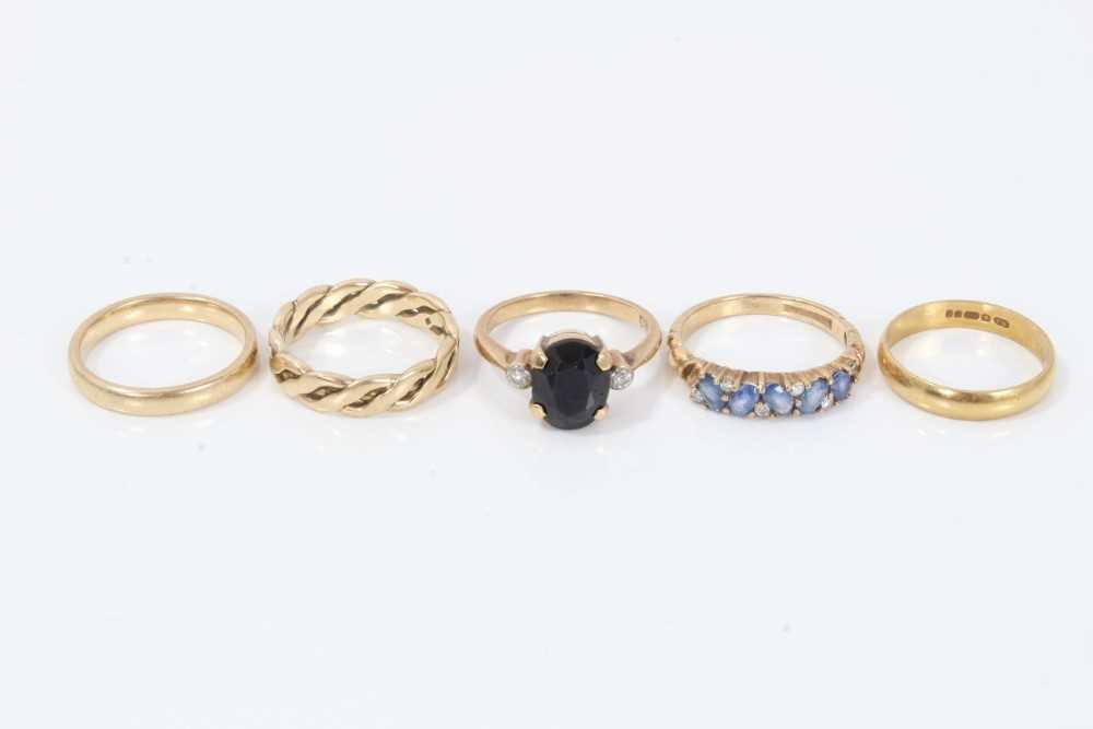Lot 271 - 18ct gold wedding ring, two 9ct gold sapphire and diamond dress rings and two 9ct gold bands.