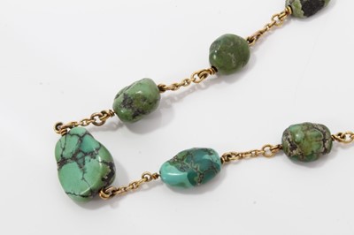 Lot 289 - Edwardian gold and turquoise necklace and bracelet with turquoise beads interspaced by sections of gold trace chain links. Necklace 40cm, bracelet 18cm.