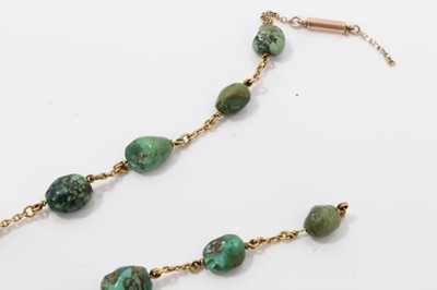 Lot 289 - Edwardian gold and turquoise necklace and bracelet with turquoise beads interspaced by sections of gold trace chain links. Necklace 40cm, bracelet 18cm.