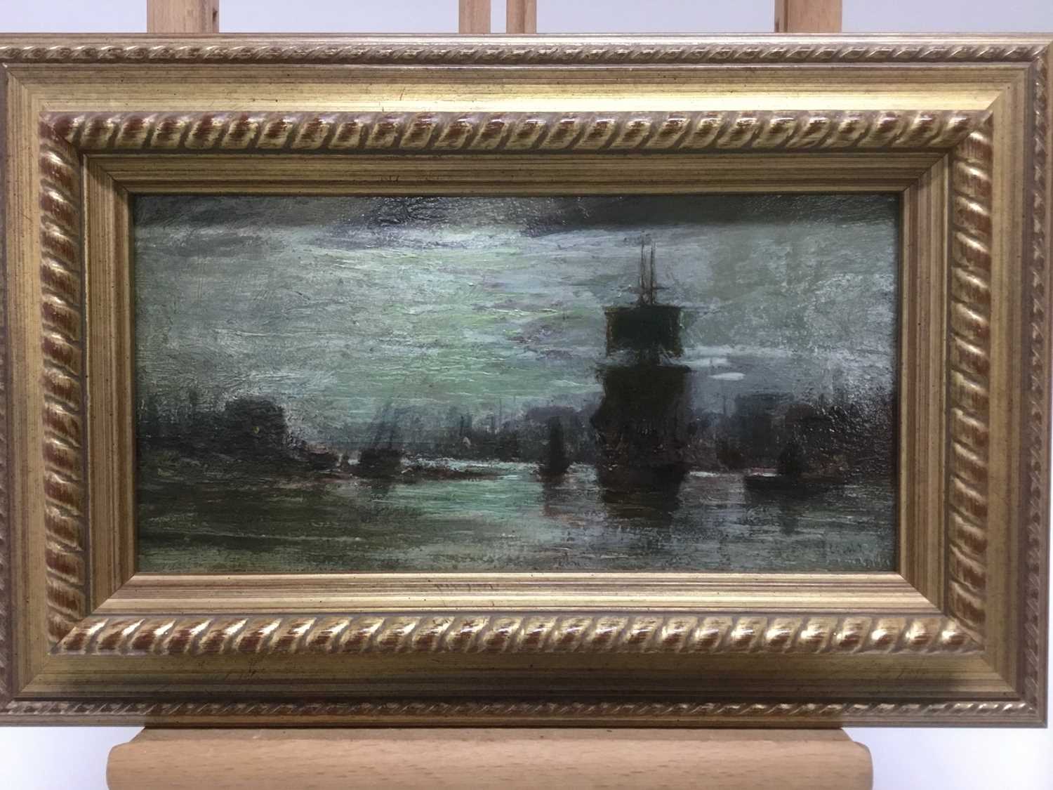 Lot 360 - Vincent Philip Yglesias (1845-1911) oil on board, Port of London, titled verso, 14 x 27cm