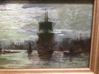 Lot 360 - Vincent Philip Yglesias (1845-1911) oil on board, Port of London, titled verso, 14 x 27cm