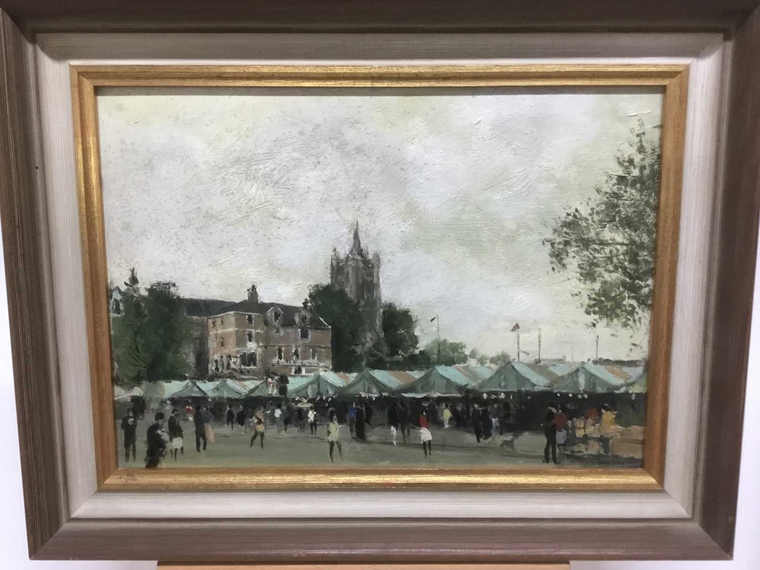 Lot 57 - Edward Dawson (1941-1999) oil on board , Norwich market place, signed, titled to label verso, 25 x 36cm