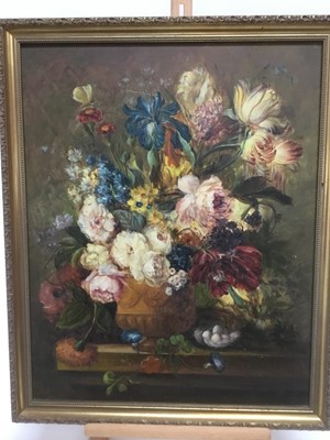 Lot 369 - 19th century style oil on canvas, still life of flowers in a vase, 50 x 39cm, framed