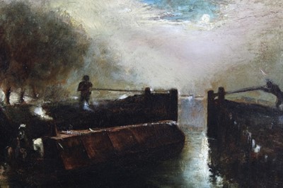 Lot 436 - Follower of Turner, oil on board, lock gate by moonlight, indistinctly signed