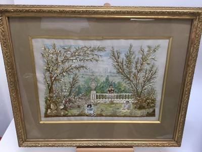 Lot 65 - 19th century silkwork embroidery, children in a garden, 36 x 51cm, glazed frame
