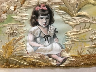 Lot 207 - 19th century silkwork embroidery, children in a garden, 36 x 51cm, glazed frame