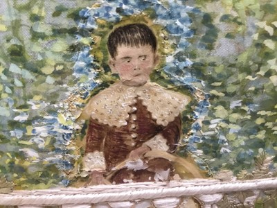 Lot 207 - 19th century silkwork embroidery, children in a garden, 36 x 51cm, glazed frame