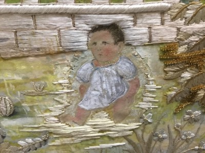Lot 51 - 19th century silkwork embroidery, children in a garden, 36 x 51cm, glazed frame