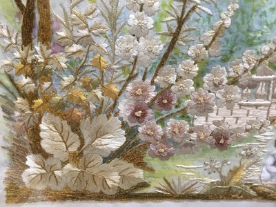 Lot 51 - 19th century silkwork embroidery, children in a garden, 36 x 51cm, glazed frame