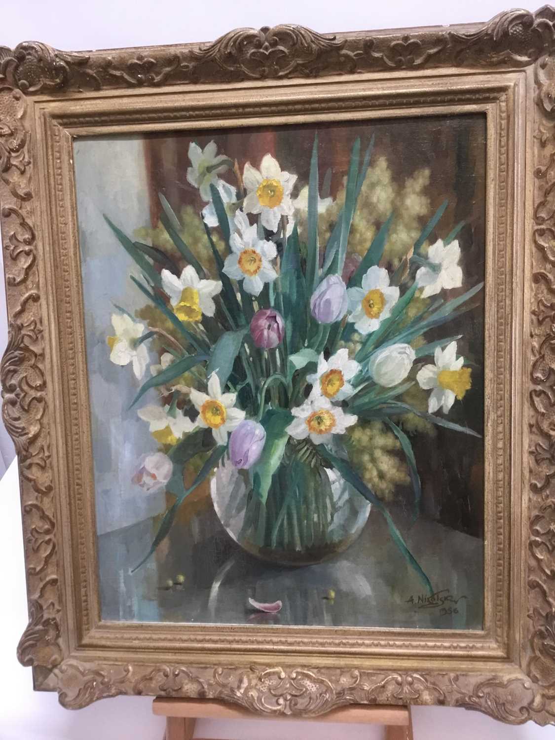 Lot 376 - Anatoli Nikolaevich Nikolsky (b. 1934) oil on canvas - Still life of daffodils, signed and dated 1956, 51 x 41cm, framed