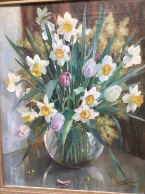 Lot 376 - Anatoli Nikolaevich Nikolsky (b. 1934) oil on canvas - Still life of daffodils, signed and dated 1956, 51 x 41cm, framed