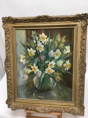 Lot 376 - Anatoli Nikolaevich Nikolsky (b. 1934) oil on canvas - Still life of daffodils, signed and dated 1956, 51 x 41cm, framed