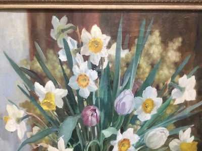 Lot 376 - Anatoli Nikolaevich Nikolsky (b. 1934) oil on canvas - Still life of daffodils, signed and dated 1956, 51 x 41cm, framed