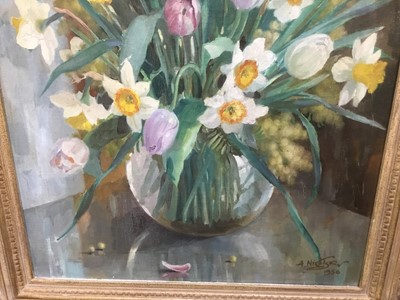 Lot 376 - Anatoli Nikolaevich Nikolsky (b. 1934) oil on canvas - Still life of daffodils, signed and dated 1956, 51 x 41cm, framed