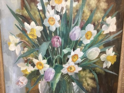 Lot 376 - Anatoli Nikolaevich Nikolsky (b. 1934) oil on canvas - Still life of daffodils, signed and dated 1956, 51 x 41cm, framed